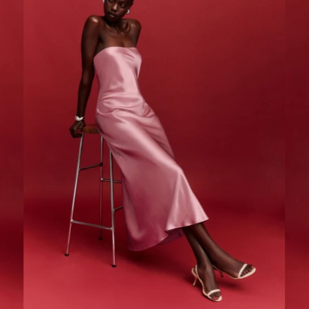 COPY - NWOT Reformation Joana Silk Dress in Rose Petals Pink Strapless Midi